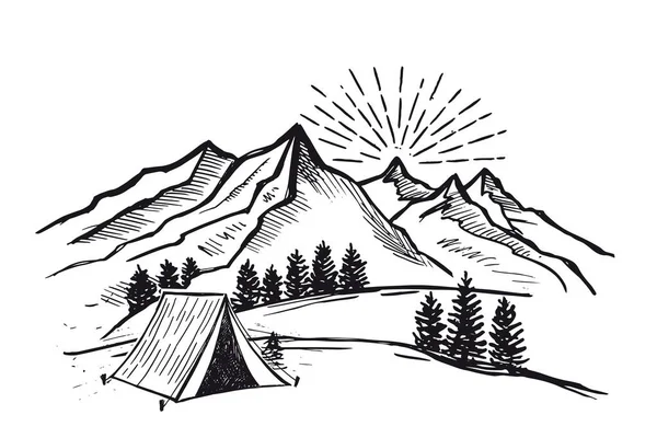 自然の中でのキャンプ 山の風景 スケッチスタイル ベクトルイラスト — ストックベクタ