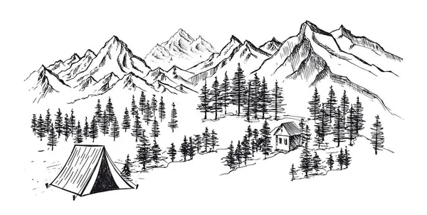 Zelten Der Natur Berglandschaft Skizzenstil Vektorillustrationen — Stockvektor