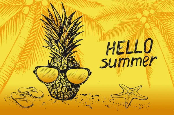 Hola Summer Palmera Gafas Piña Ilustración Dibujada Mano — Vector de stock