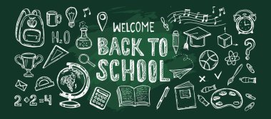 Okula dönelim. El çizimi illüstrasyon.