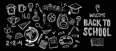 Okula dönelim. El çizimi illüstrasyon.