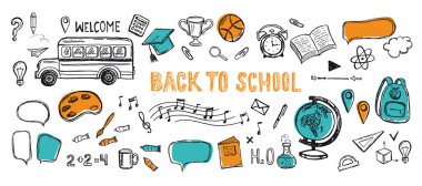 Okula dönelim. El çizimi illüstrasyon.