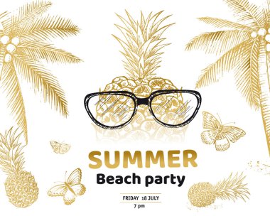 Merhaba Summer, palmiye ağacı, bardak, ananas. El çizimi illüstrasyon.