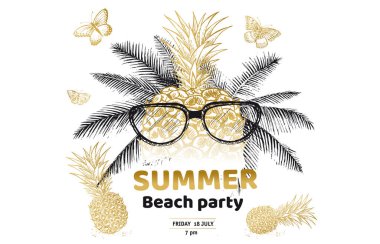 Merhaba Summer, palmiye ağacı, bardak, ananas. El çizimi illüstrasyon.