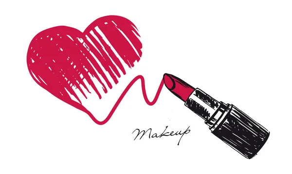 Corazón Grunge Juego Maquillaje Lápiz Labial Ilustración Dibujada Mano — Vector de stock