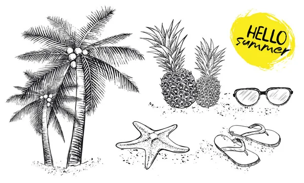 Olá Summer Palmeira Copos Abacaxi Ilustração Desenhada Mão — Vetor de Stock