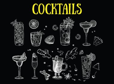 Alcoholic cocktails sketch. and drawn illustrations.