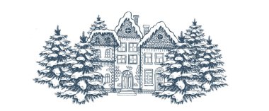 Noel tebrik kartı. Evlerin tasviri. El yapımı binalar..