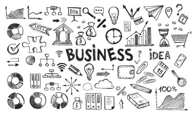 Doodle tasarım tarzında yönetim konsepti. El çizimi iş simgeleri.