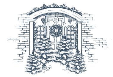 Kapı süslemesi. Noel kartı afişi. El çizimi çizimi. Vektör.