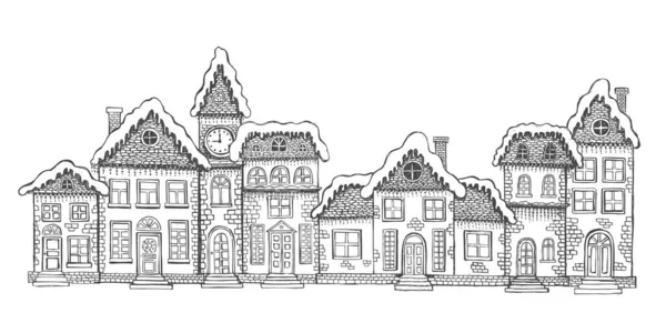 Weihnachtsgrußkarte Vorhanden Illustration Von Häusern Reihe Handgezeichneter Gebäude — Stockvektor