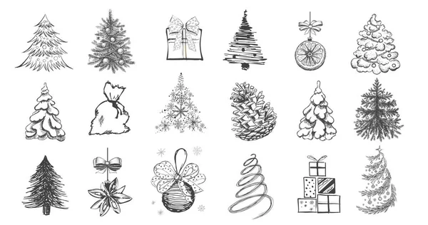 Juego Árboles Navidad Juego Bolas Navidad Ilustración Dibujada Mano — Vector de stock