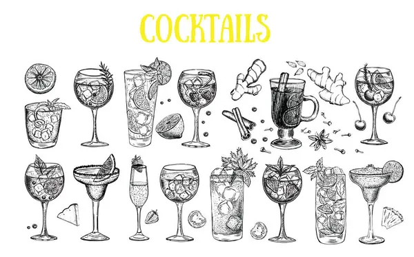 Alcoholische Cocktails Schets Getekend Illustraties — Stockvector