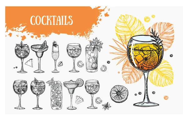 Cocktail Menu Design Template Alcoholic Cocktails Hand Drawn — Stock Vector