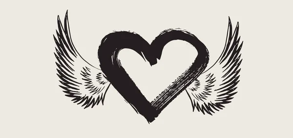 天使の翼を手描きベクトルイラストとハート — ストックベクタ