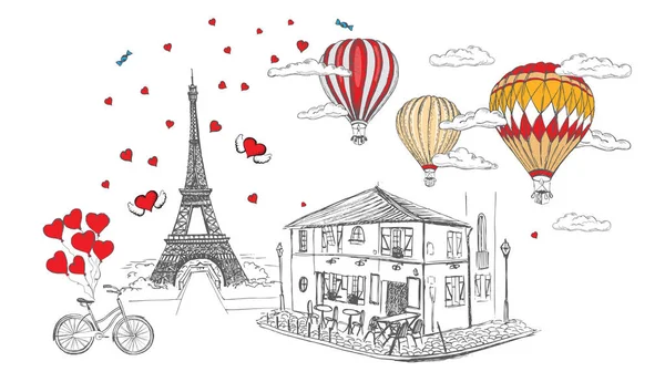 Zestaw Ręcznie Rysowane Francuskie Ikony Paryż Szkic Ilustracja — Wektor stockowy