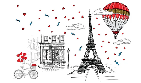手描きのフランスのアイコンのセット パリのスケッチイラスト — ストックベクタ