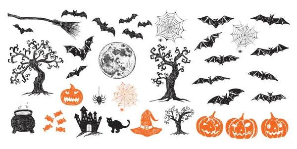 Símbolos Halloween Ilustrações Desenhadas Mão —  Vetores de Stock