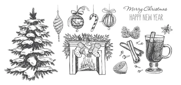 Рождественский Набор Глинтвейн Камин Елка Ручная Иллюстрация — стоковый вектор
