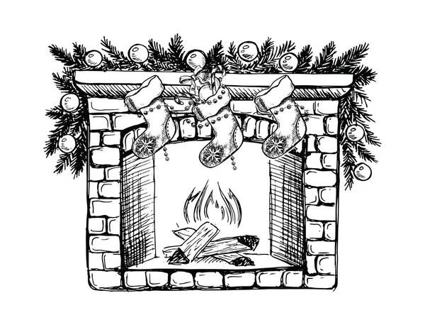 Камін Шкарпетками Різдвяними Прикрасами Намальована Вручну Ілюстрація Векторні — стоковий вектор