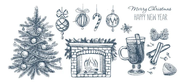 Weihnachtsspielzeug Haus Tanne Handgezeichnete Illustration — Stockvektor