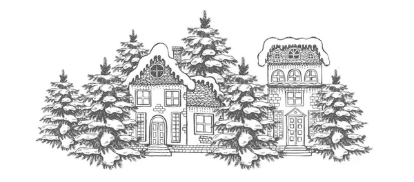 Illustration Von Häusern Weihnachtsgrußkarte Vorhanden Reihe Handgezeichneter Gebäude — Stockvektor