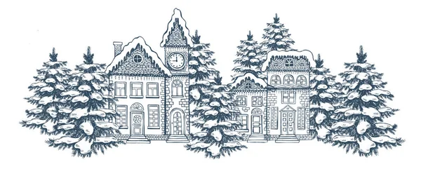 Иллюстрация Домов Рождественская Открытка Комплект Рукописных Зданий — стоковый вектор