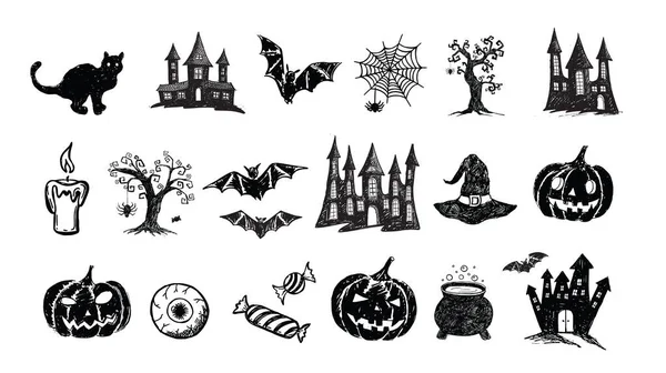 Halloween Symboly Ručně Kreslené Ilustrace — Stockový vektor