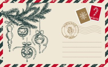 Noel postası, kartpostal, kar küresi, el çizimi illüstrasyon.