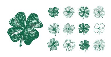 Yonca seti, Aziz Patrick Günü. El çizimi çizimleri. Vektör.