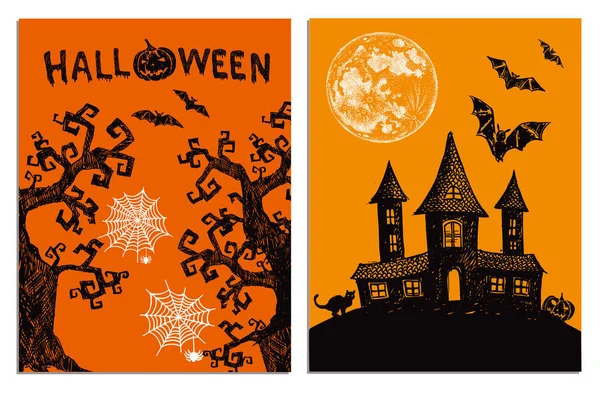 Halloween Horror Night Vector Background Hand Drawn Illustration — Stock Vector