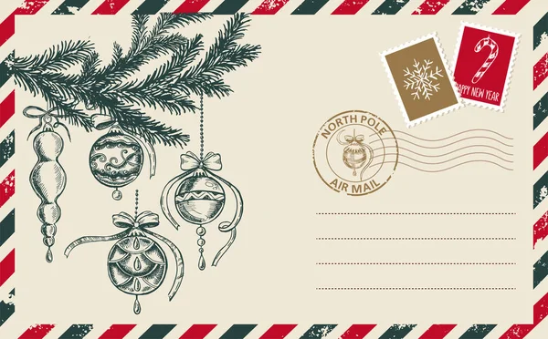 Correo Navidad Postal Bola Nieve Ilustración Dibujada Mano — Archivo Imágenes Vectoriales