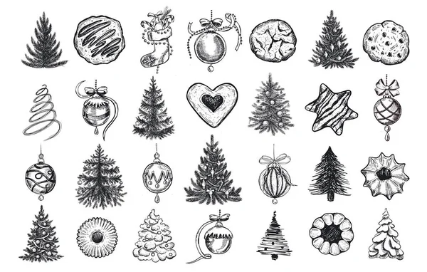 Conjunto Árvore Natal Bolacha Bola Natal Ilustração Desenhada Mão — Vetor de Stock