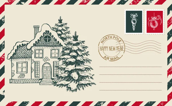 Christmas Mail Postcard Hand Drawn Illustration — Stock Vector