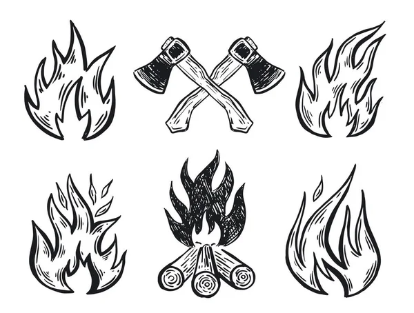 Landschapsbergen Twee Gekruiste Bijlen Bonfire Handgetekende Illustratie — Stockvector