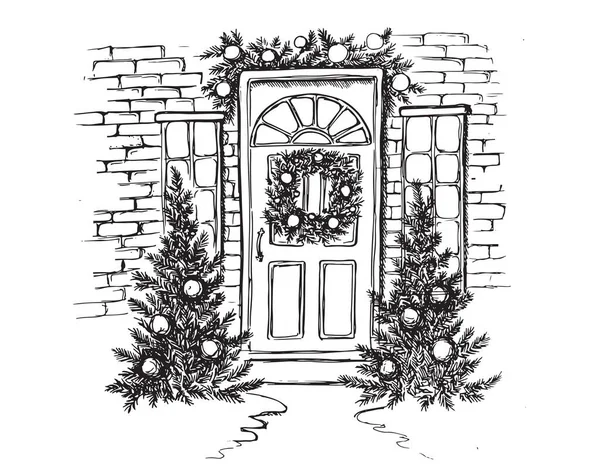 Оздоблення Дверей Різдвяні Листівки Плакат Банер Рука Намальована Ілюстрація Векторні — стоковий вектор