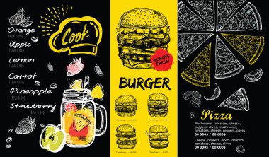 Restoran için menü şablonu. El çizimi biçiminde vektör illüstrasyonu.