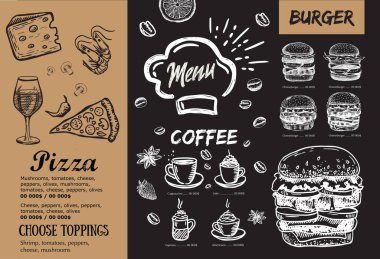 Restoran kafe menüsü, şablon tasarımı. Yemek broşürü..