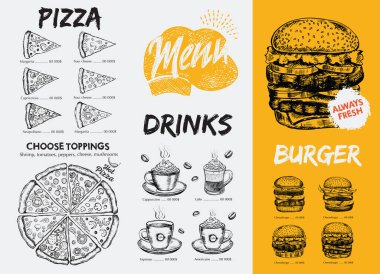 Restoran kafe menüsü, şablon tasarımı. Yemek broşürü..