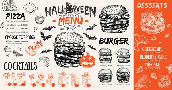 Menu Halloween Restaurante Menu Café Design Modelo Folheto Alimentar —  Vetores de Stock