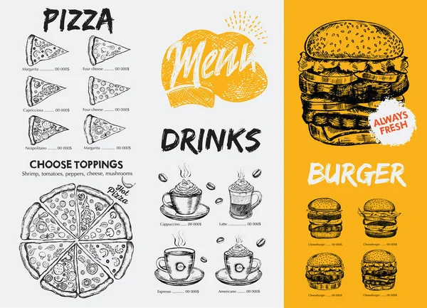 Restoran kafe menüsü, şablon tasarımı. Yemek broşürü..