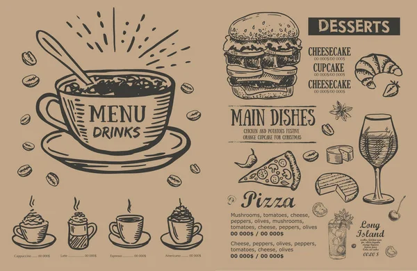 Menú Cafetería Restaurante Diseño Plantilla Volante Comida — Archivo Imágenes Vectoriales