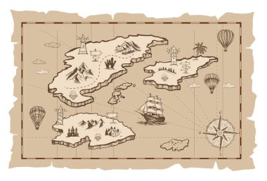 Old treasure map vector sketch. Hand drawn illustrations, vector.