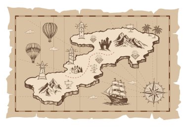 Old treasure map vector sketch. Hand drawn illustrations, vector.