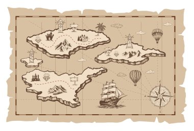 Old treasure map vector sketch. Hand drawn illustrations, vector.