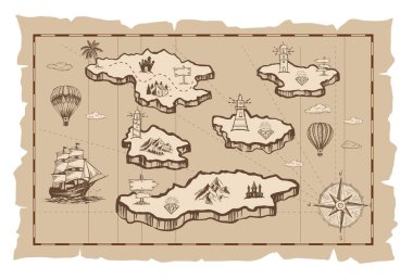Old treasure map vector sketch. Hand drawn illustrations, vector.