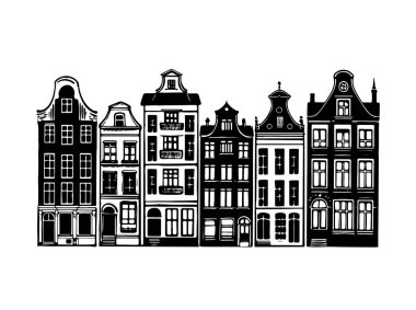 Evler arka arkaya ön cephe, Amsterdam elle çizilmiş illüstrasyon.