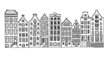 Evler arka arkaya ön cephe, Amsterdam elle çizilmiş illüstrasyon.