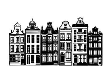 Evler arka arkaya ön cephe, Amsterdam elle çizilmiş illüstrasyon.