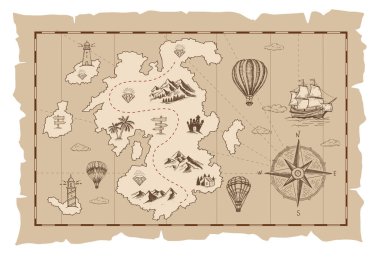 Old treasure map vector sketch. Hand drawn illustrations, vector.